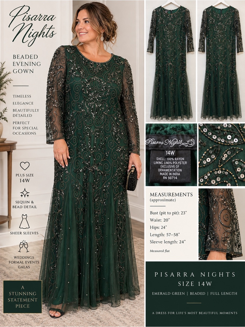 Pisarro Nights Emerald Green Beaded Maxi Gown